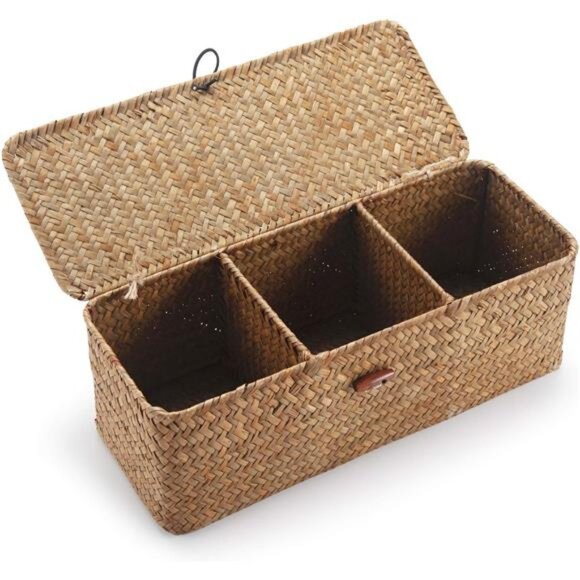 Seagrass Storage Basket with Lid Rectangular Small Woven Shelf Baskets with - Picture 1 of 8